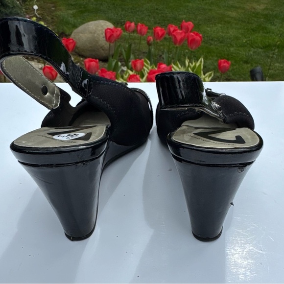 Anne Kline SZ 8.5M Slingback buckle Patent Leather Wedge Black Peep Open Toe - Picture 9 of 12